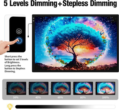 Rechargeable A3 Light Pad for Diamond Painting,Tracing Light Box with Stand and Clip,3 Colors Stepless Dimmable and 6 Levels of Brightness Light Board for Artists,Drawing,Sketching,Animation