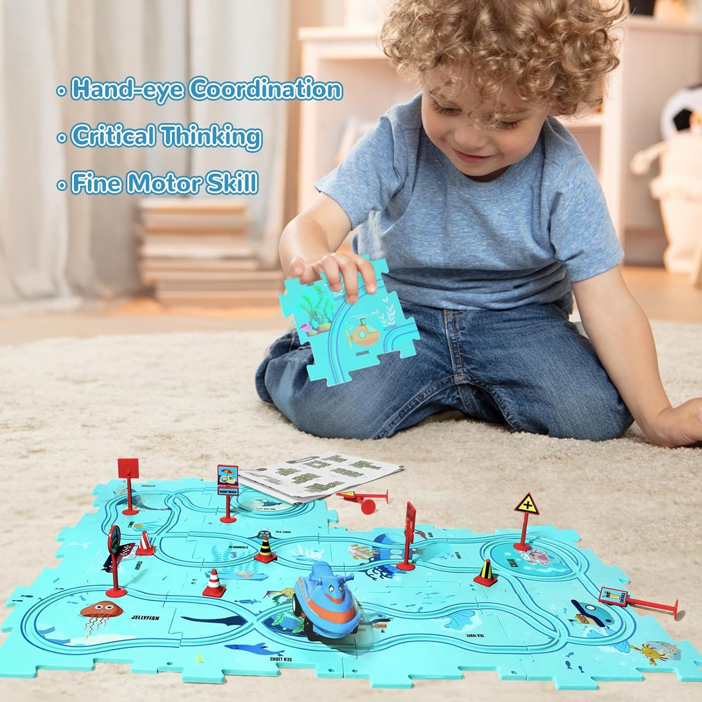 Plastic Floor Puzzles for Kids Ages 3-5, Puzzle Track Car Play Set, Educational Montessori Toys for 3 4 5 6 Year Old Boys, 3 4 5 6 Year Old Boy Birthday Gift, Boy Toys Age 3
