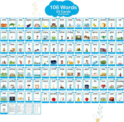 WJPC 55 Cards, 106PCS High Frequency First-Grade Sight Words Flash Cards, 1st Grade Phonics Learning Cards for 5,6,7,8 Years Ages Kids Boys, Girls Learn to Read, Write, Association, Sentence Making
