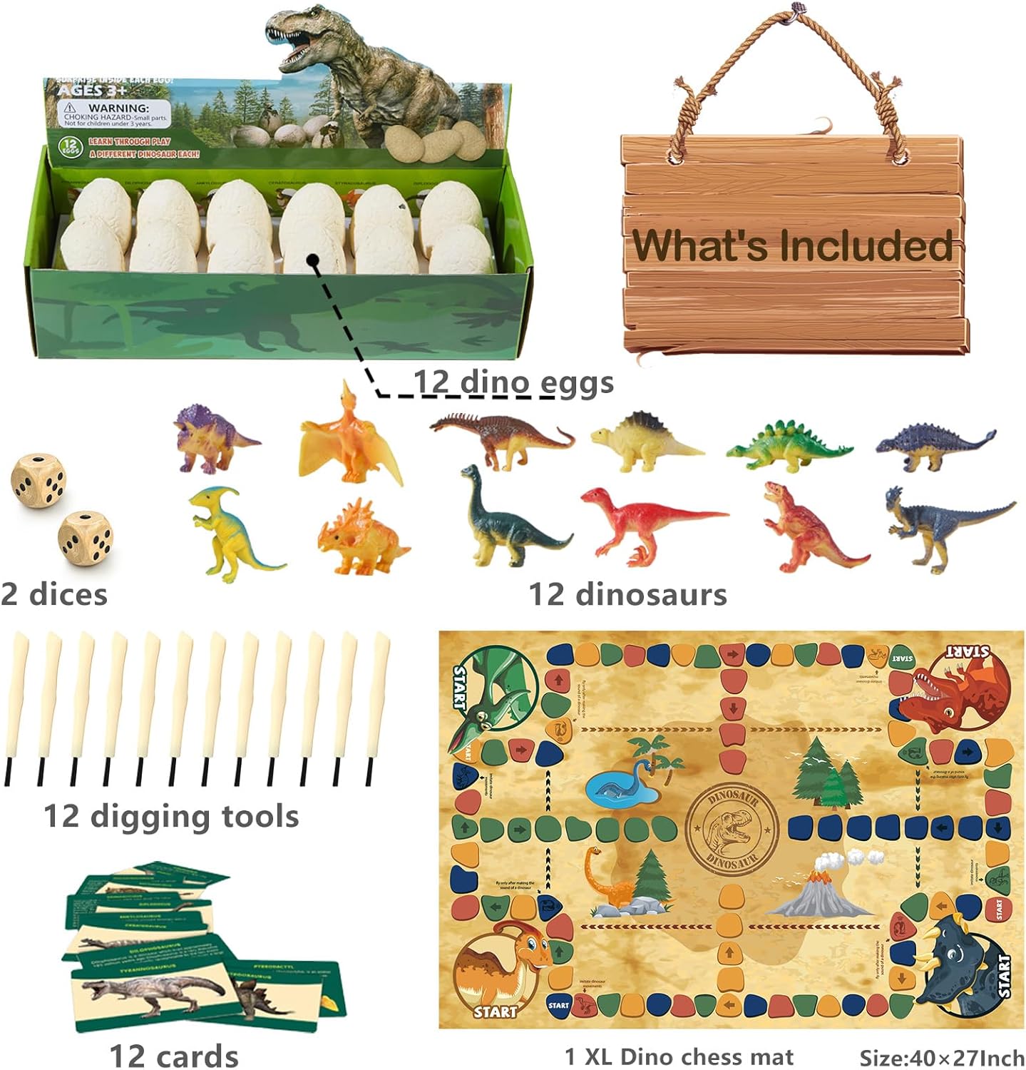 Dino Fossil Eggs Dinosaur Toys - 12 Dinosaur Eggs Dig Excavation Kit w Play Mat for Kids Ages 5-7 Easter Basket Essentials STEM Toy Christmas Birthday Gift for Boys Girls 3 4 5 6 7 8 + 8-13 Years Old