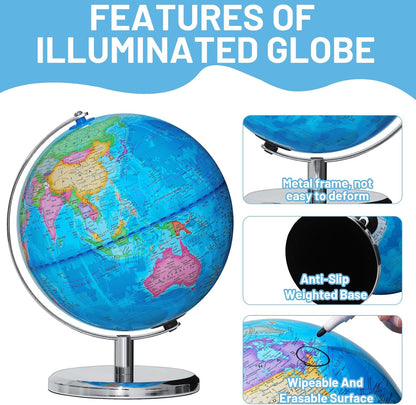 BSHAPPLUS 13 inch Large Globe for Classroom & Home Learning, Political Globe with 195+ Countries, Dry Erase & Waterproof Surface, Solid Stainless Steel Base (No Assembly Required)