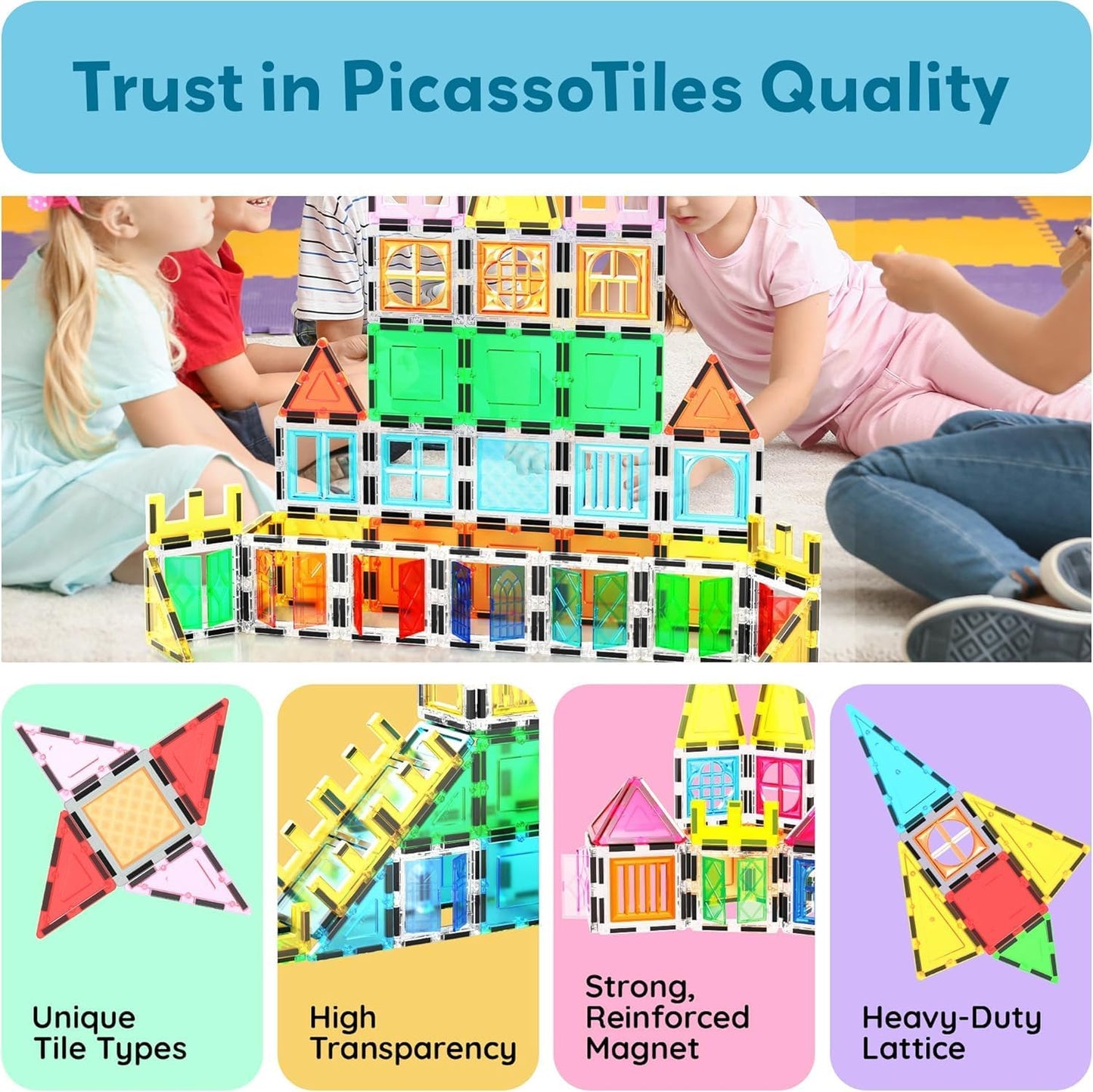 PicassoTiles 101 Piece Magnetic Tile Building Blocks Set with Durable Storage Bag STEM Educational Construction Magnet Toy Kit for Toddlers Preschool Kids Boys Girls Age 3 Plus Indoor Learning PT06