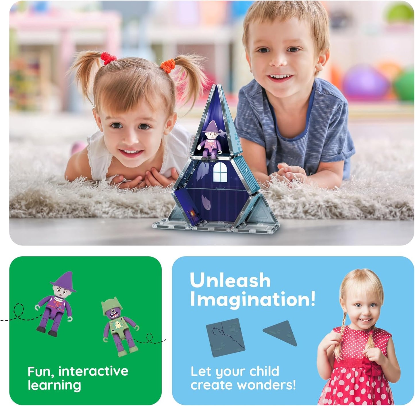PicassoTiles 60pc Magnetic Tile Princess Castle Building Set with Double Sided Printed Tiles 2 Character Figures STEM Educational Toy Kit for Kids Pretend Play Montessori Learning Ages 3 to 8 PTQ04