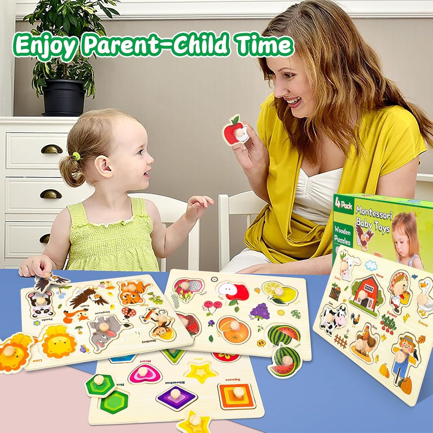 Wooden Puzzles for Toddlers, 4 Pack Montessori Toys Preschool Learning Puzzles for Baby, Farm, Shapes, Animals, Fruits Wooden Peg Puzzles for Boys and Girls (4 Pack)