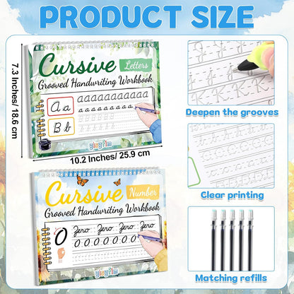 gisgfim 2 Pack Grooved Cursive Handwriting Workbook Magic Grooved Cursive Reusable Handwriting Practice with Disappearing Ink Pens Learning Activities Supplies (Jokes Riddles&Inspiring Quotes)