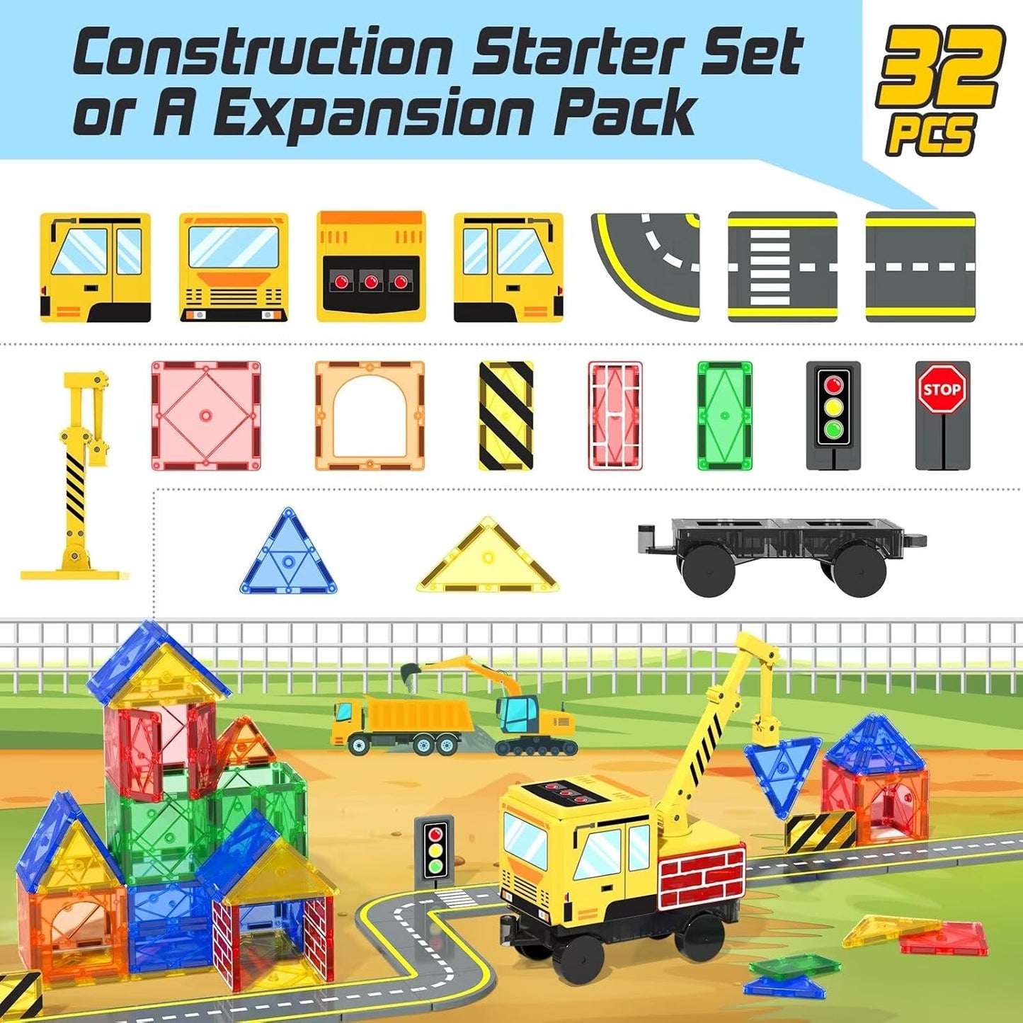 Soyee Magnetic Tiles Magnetic Construction Toys with 2 Cranes Boys Toys for Ages 3-5 5-7 Magnet Building Blocks Chritmas Gifts Boys Sensory Autism Montessori Toys Gift for 3+ Year Old