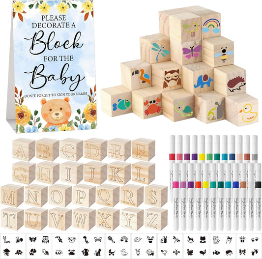 117 Pcs Baby Shower Blocks to Decorate Game Kit Includes 52 Wooden Blocks 24 Markers 1 Game Sign 40 Templates to Paint (Kraft)