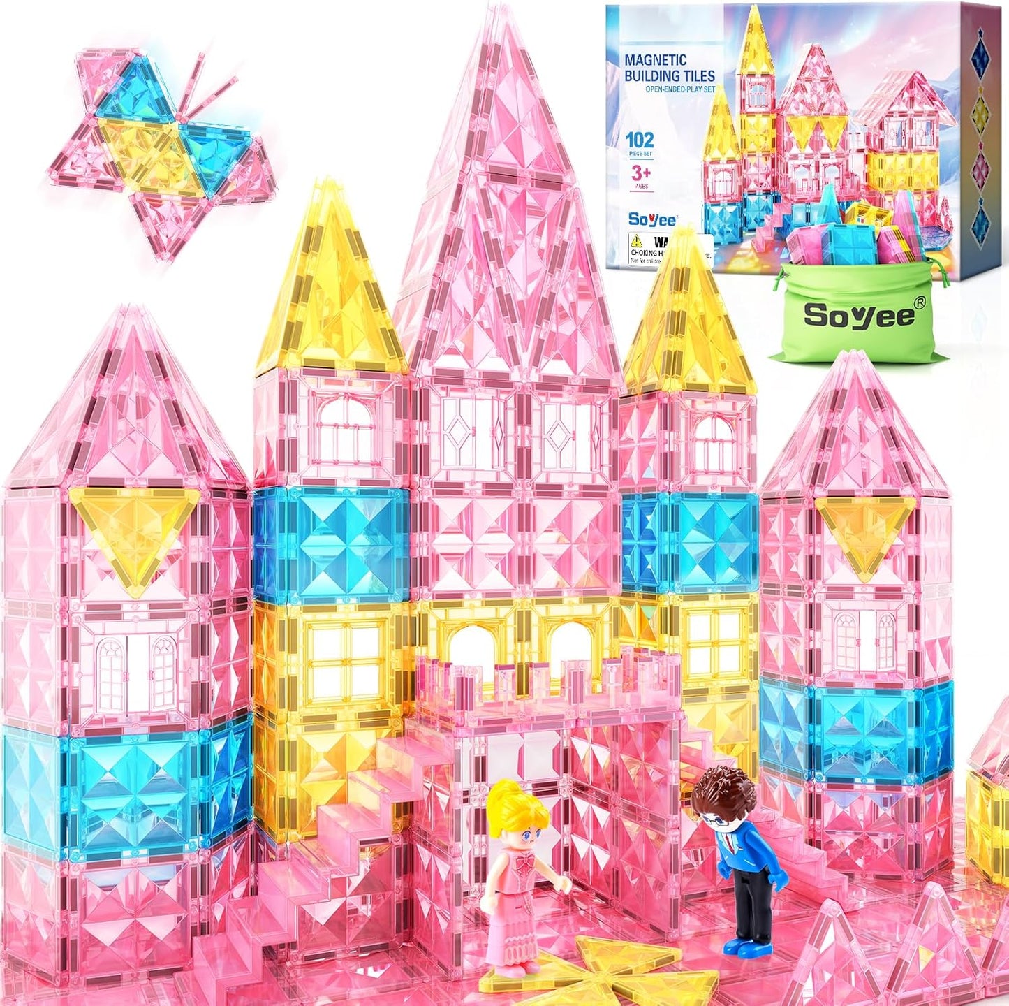 Magnetic Tiles 102pcs with 2 Stairs 2 Dolls Princess Castle Building Girls Toys Age 4-5 6-8 Magnetic Blocks Birthday Xmas Gifts for Girls Toys for 3 4 5 6 7 8+ Year Old