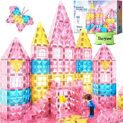 Magnetic Tiles 102pcs with 2 Stairs 2 Dolls Princess Castle Building Girls Toys Age 4-5 6-8 Magnetic Blocks Birthday Xmas Gifts for Girls Toys for 3 4 5 6 7 8+ Year Old