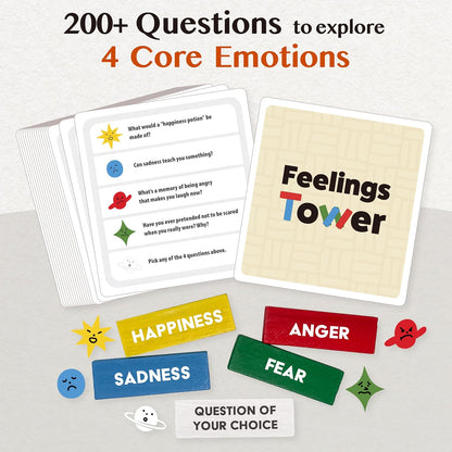 Feelings Tower Therapy Game for Kids & Teens – Emotion Regulation Stacking Blocks with Conversation Cards, 208 CBT Questions for Therapeutic Learning, Educational Play, Connection and Social Skills
