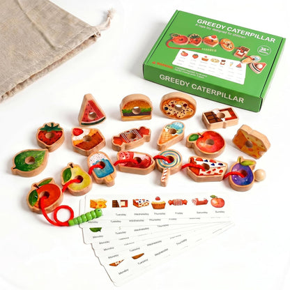 Wooden Caterpillar Lacing Toy, 18 PCS Fruit Vegetable Food Threading Beads with Pattern Cards, Montessori Fine Motor Skills Toy for Toddlers 3+ Preschool Learning Gift
