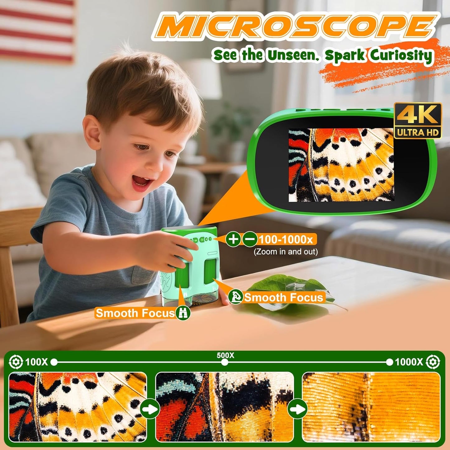 1000X Handheld Microscope for Kids : 4K 2.0" Screen Rechargeable Telescope and Camera Combo with 6 Slides, Perfect for Indoor Outdoor Exploration, Portable Edu for Age 3-12 Children