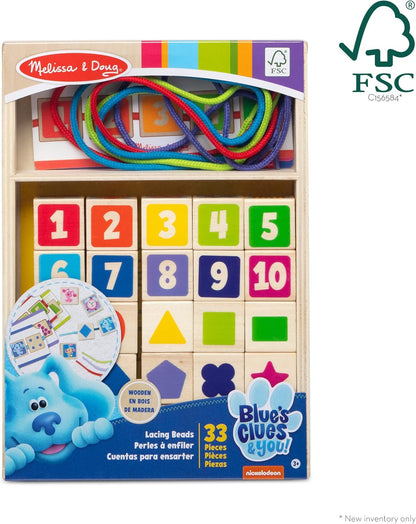Melissa & Doug Blue’s Clues & You! Wooden Lacing Beads - 25 Beads, 4 Cords - FSC Certified