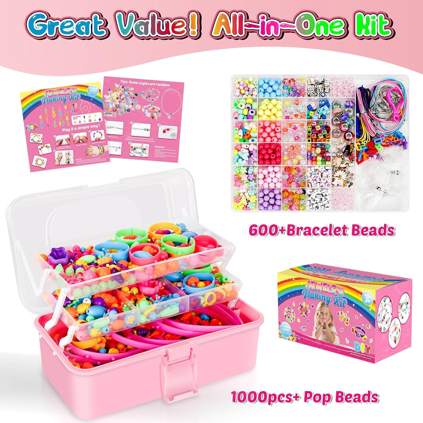FUNZBO 520+ Snap Pop Beads - Jewelry Making Beads Charms Style Craft Kit, Arts and Crafts for Kids Ages 4-8, Toys for 3 4 5 6 7 Years Old Girls Birthday Gifts Ideas, Bracelet Necklace Ring for Girls