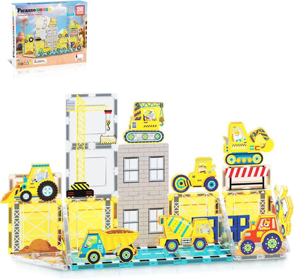PicassoTiles Magnet Tile Construction Themed Building Blocks 5-in-1 Crane, Ladder, Dump Truck, Excavator, and Backhoe Action Figures, 2 Car Base Vehicles Magnetic Tiles Learning Toys Kids Ages3+ PTU06