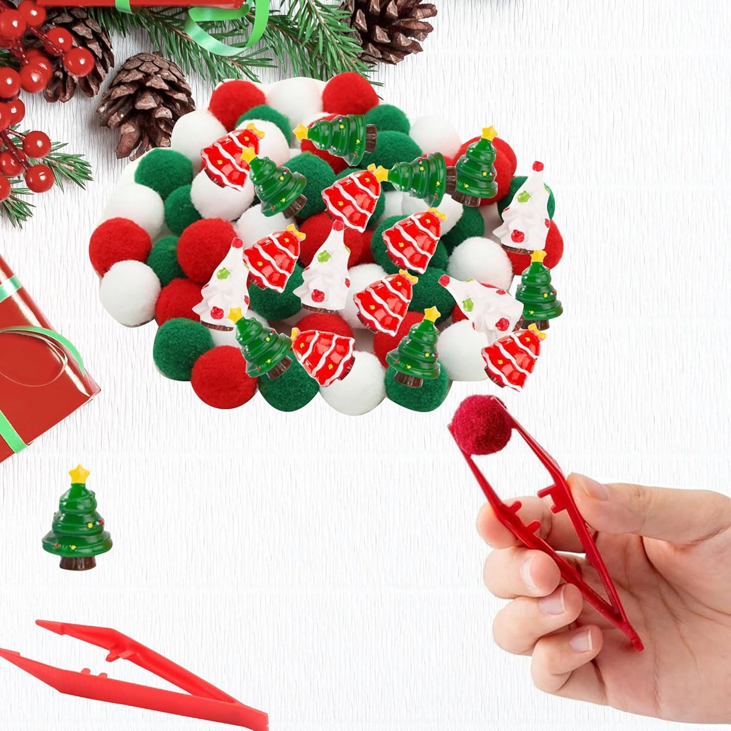 266 Pcs Christmas Sensory Bin Filler Fine Motor Toys Counting Sorting 200 Christmas Pompoms 50 Resin Mini Xmas Toys Tweezers Silicone Plates Storage Box for Winter Xmas Sorting Counting Training ﻿
