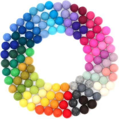 Glaciart One Felt Pom Poms, Wool Felt Balls (60 Pieces) 2 cm – 0.8 Inch, Handmade Felted 30 Color (Red, Pink, Blue, Yellow, Black, White, Pastel and More) Bulk Small Puff for Felting and Garland