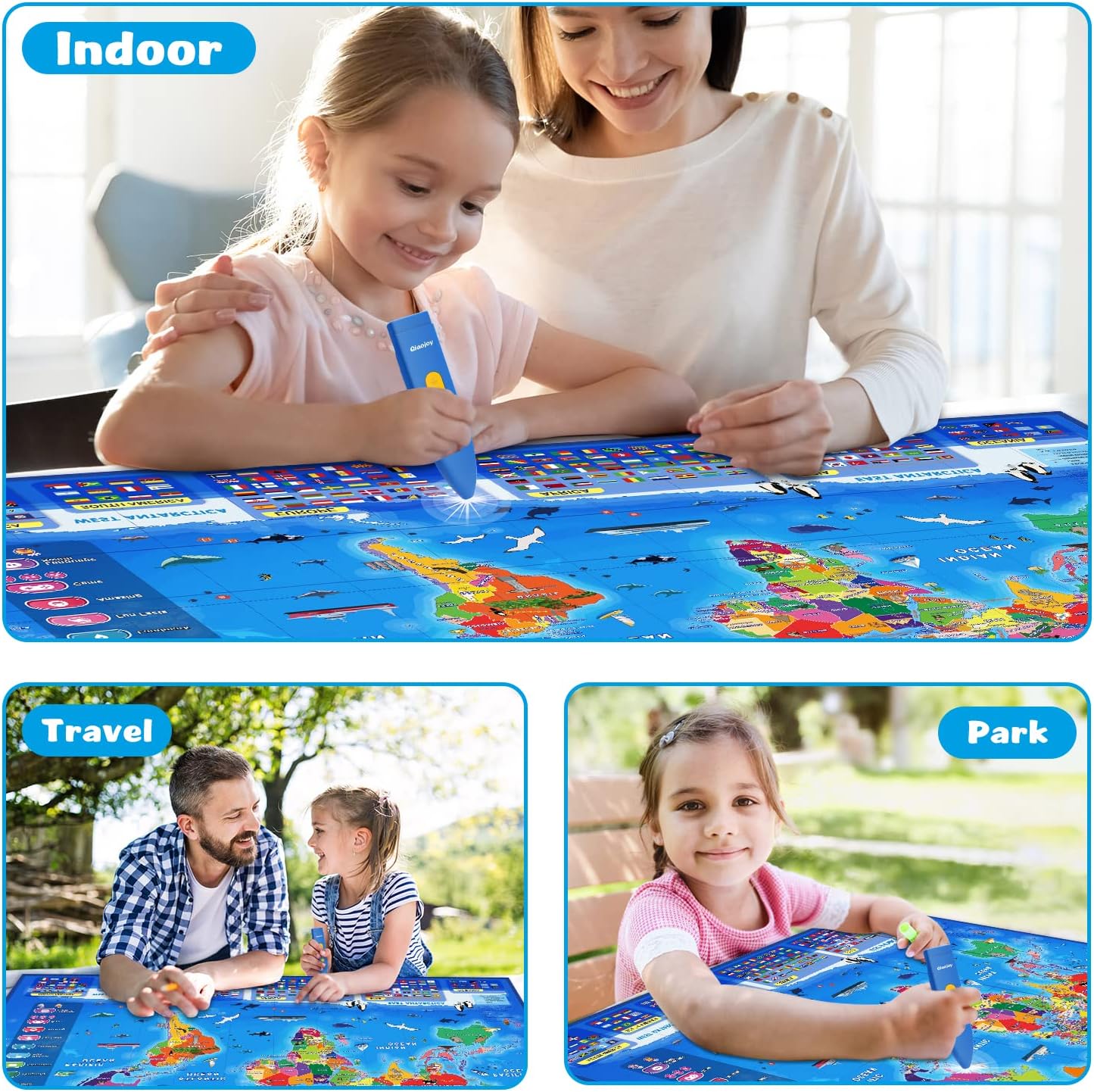 Qiaojoy Bilingual Interactive World Map for Kids Learning and Educational Toys, Talking Electronic Kids World Map i-Poster Geography Games Ages 3 to 12 Years Old, Custom Talking Birthday Gifts Card