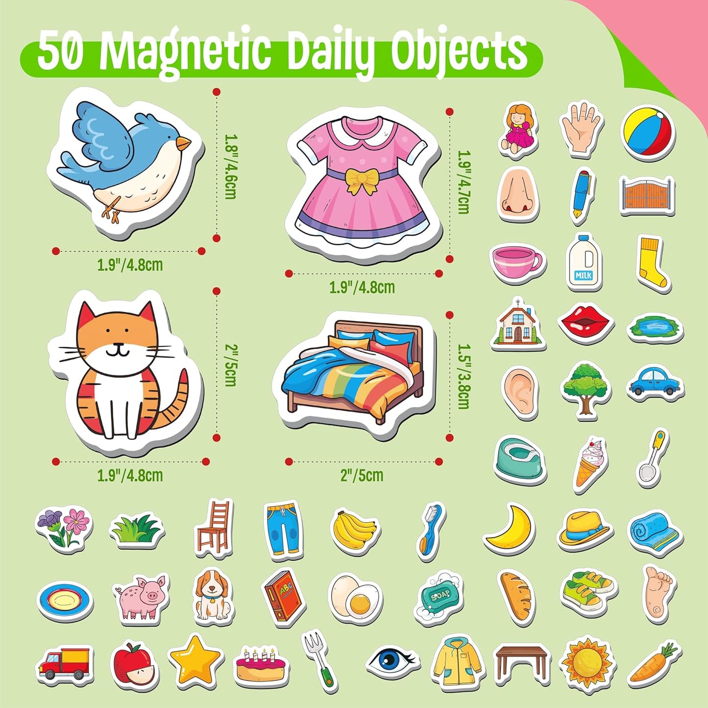 50 PCS First Word Magnets, Magnetic Thickened Daily Items Fridge Magnets Adorable Educational Learning Toys for Kindergarten, Preschooler, Kids 3+