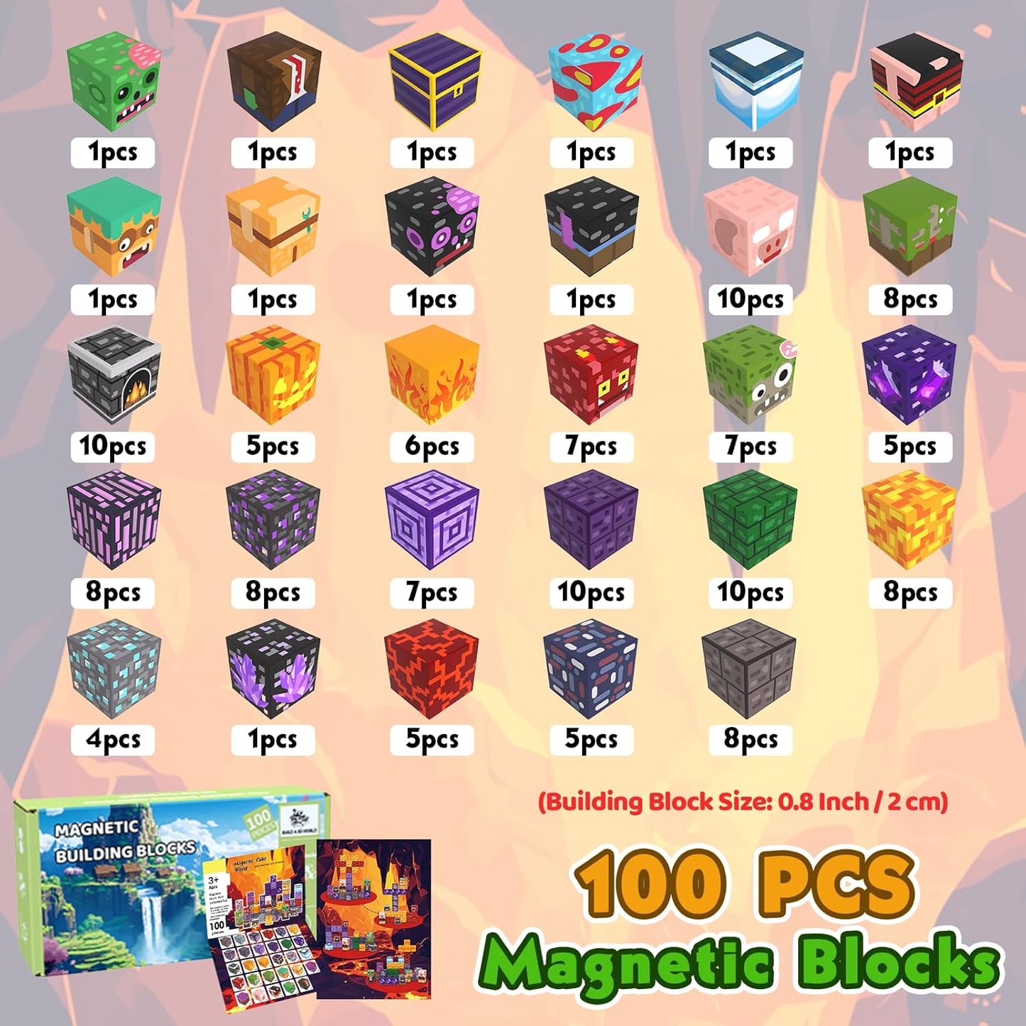Magnetic Blocks Toys for Kids, 100 PCS Building Blocks Cubes, Stacking Magnetic Tiles Toys for Kids Toddlers Boys Girls Ages 3 4 5 6 7 8-12 Birthday Gifts Party Supplies (Underworld)