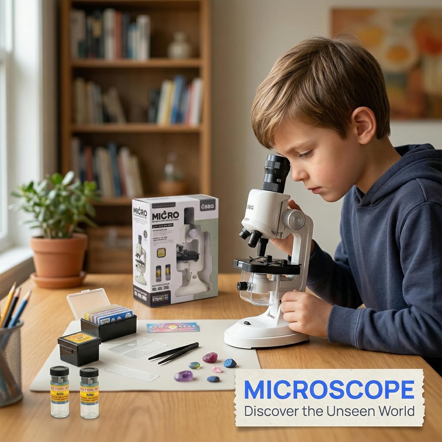 Kids Microscope Kit with LED Light - 100X/400X/1200X Magnification for STEM Learning, 12 Prepared Slides, Easy-to-Use Science Learning Kit (Ages 5-12) - Yellow