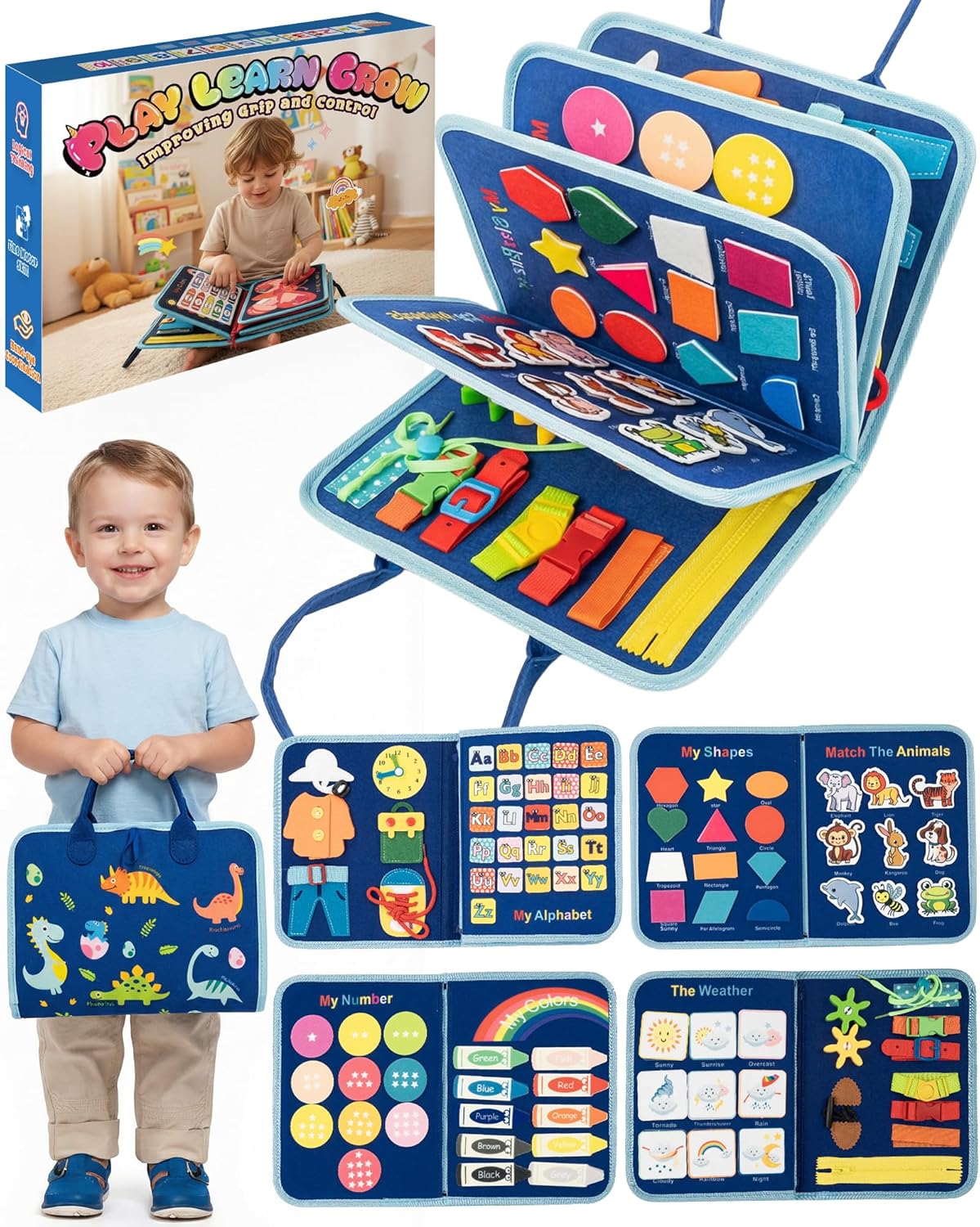 Montessori Busy Book for Toddlers, 8-Page Sensory Activity Book for Fine Motor Skills & Basic Dress Learning, Portable Travel Toy for Preschool Kids, Birthday Gift for Boys and Girls (Blue)