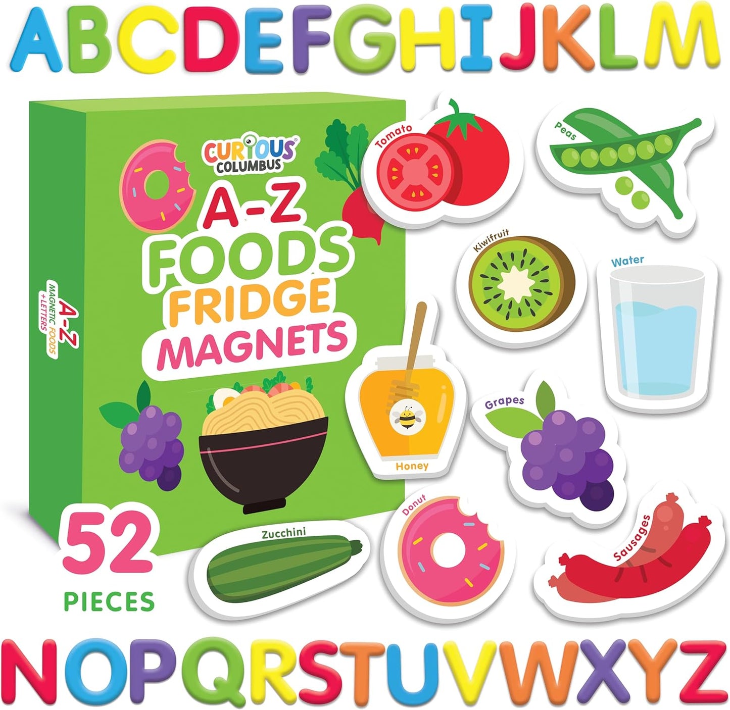 Curious Columbus Learning Magnets – Set of 52 Fridge Magnets for Kids – Includes 26 Large Foam Food Pieces and 26 ABC Alphabet Letters for Learning and Play