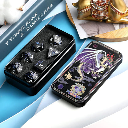 DnDnD Heavy Polyhedral Metal Dice Set with Metal Box, 7-die Shiny Blue Surface with Golden Number for RPG,Dungeons and Dragons,Pathfinder,Shadowrun,D&D,Role Palying Game and Math Teaching - Colors A