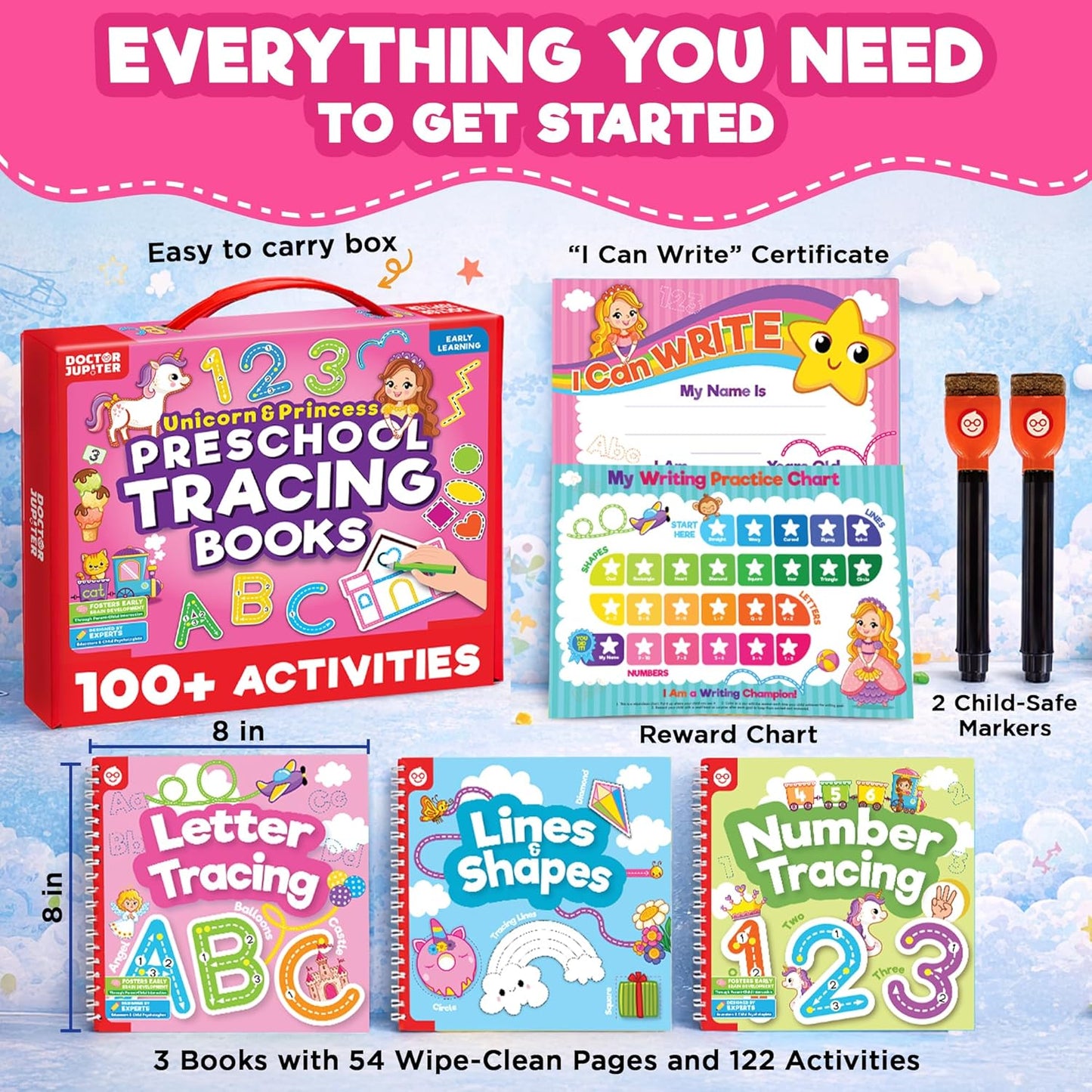 Doctor Jupiter Preschool Tracing Books for Kids Ages 3-5 | 100+ Wipe-Clean Learning Activities - Kindergarten Workbook with Lines, Shapes, Letters & Numbers | Educational Toys, Writing Practice
