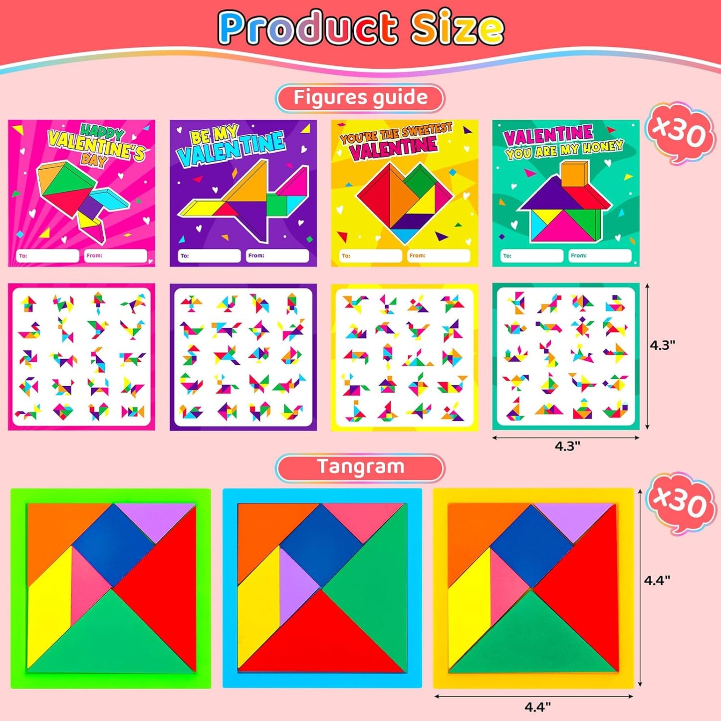 30pcs Tangram Puzzle Wooden Valentines Day Cards Gifts Kids Classroom Valentine’s Greeting Cards Classroom Exchange School Supplies Return Gifts For Birthday Party Favors Goodie Bags Stuffers Bulk Toy