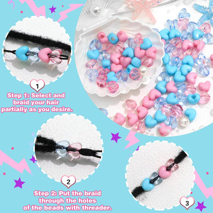 90PCS Heart Hair Beads for Braids Blue Pink Loc Dreadlock Valentine's Day Bead Accessories Purple Cute Acrylic Heart Shape Beads for Kids Girls