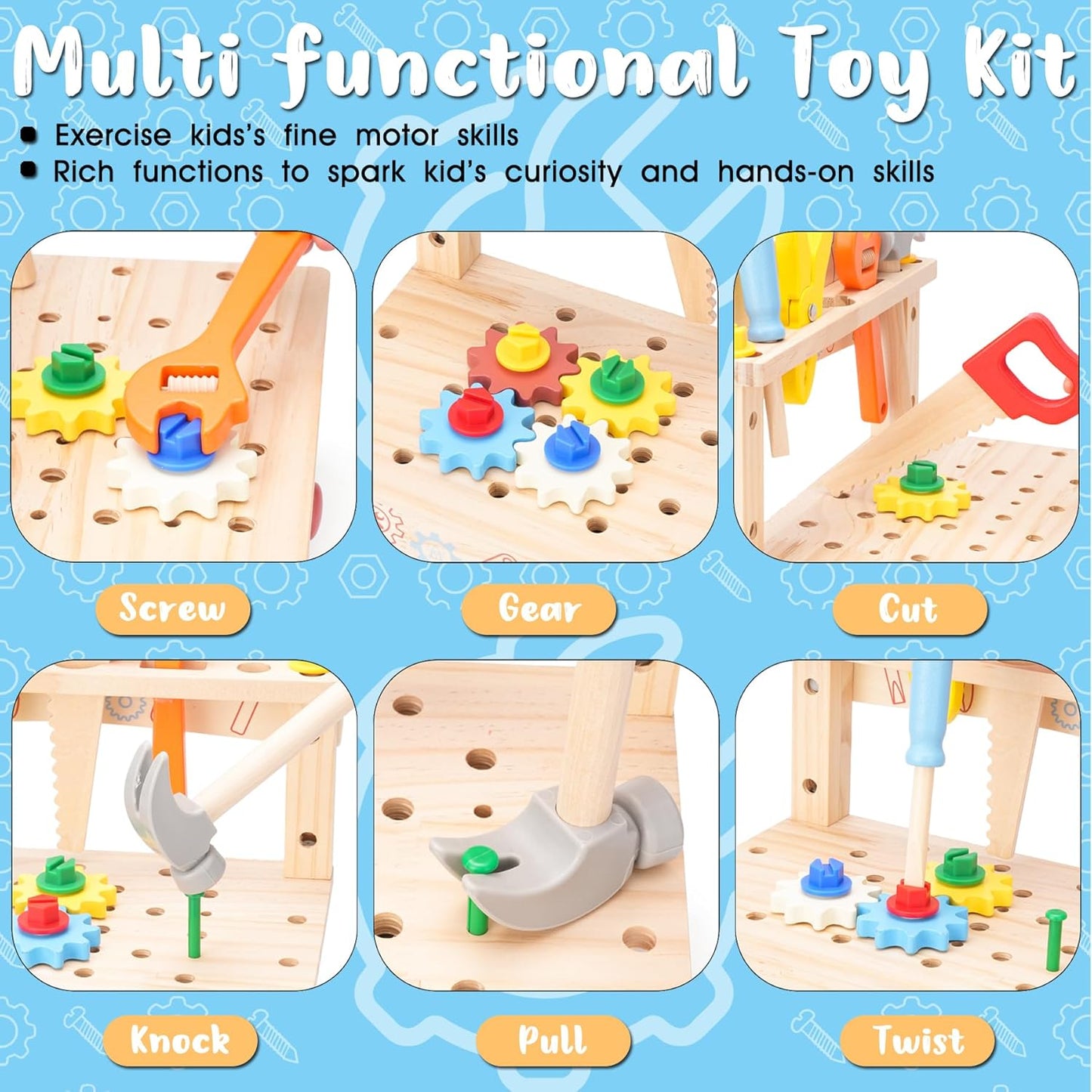 REXBETI Kids Tool Set with Electric Drill, 43Pcs Wooden Toddler Tool Bench with Apron, Educational Montessori Toys for 3 Year Old Boys, Toddler Tool Set, Birthday Gifts for 3 4 5 Year Old Boy Girl