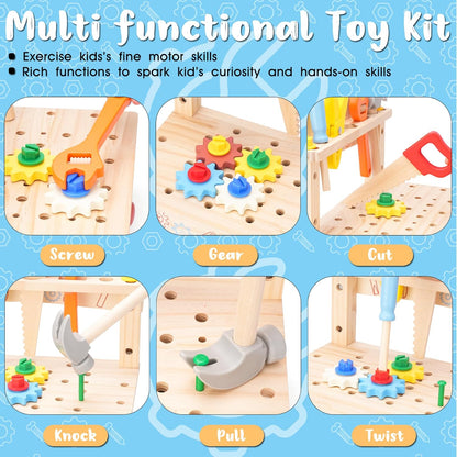 REXBETI Kids Tool Set with Electric Drill, 43Pcs Wooden Toddler Tool Bench with Apron, Educational Montessori Toys for 3 Year Old Boys, Toddler Tool Set, Birthday Gifts for 3 4 5 Year Old Boy Girl