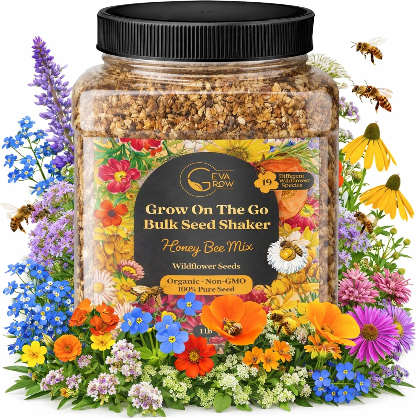Mini Wildflower Seed Shaker - Save The Bees Seed Mix, by GevaGrow | 80,000+ Seeds | Pollinator & Bee Attracting Flower Seeds Bulk for Planting in Pots & Outdoor Gardens | 2 Ounce