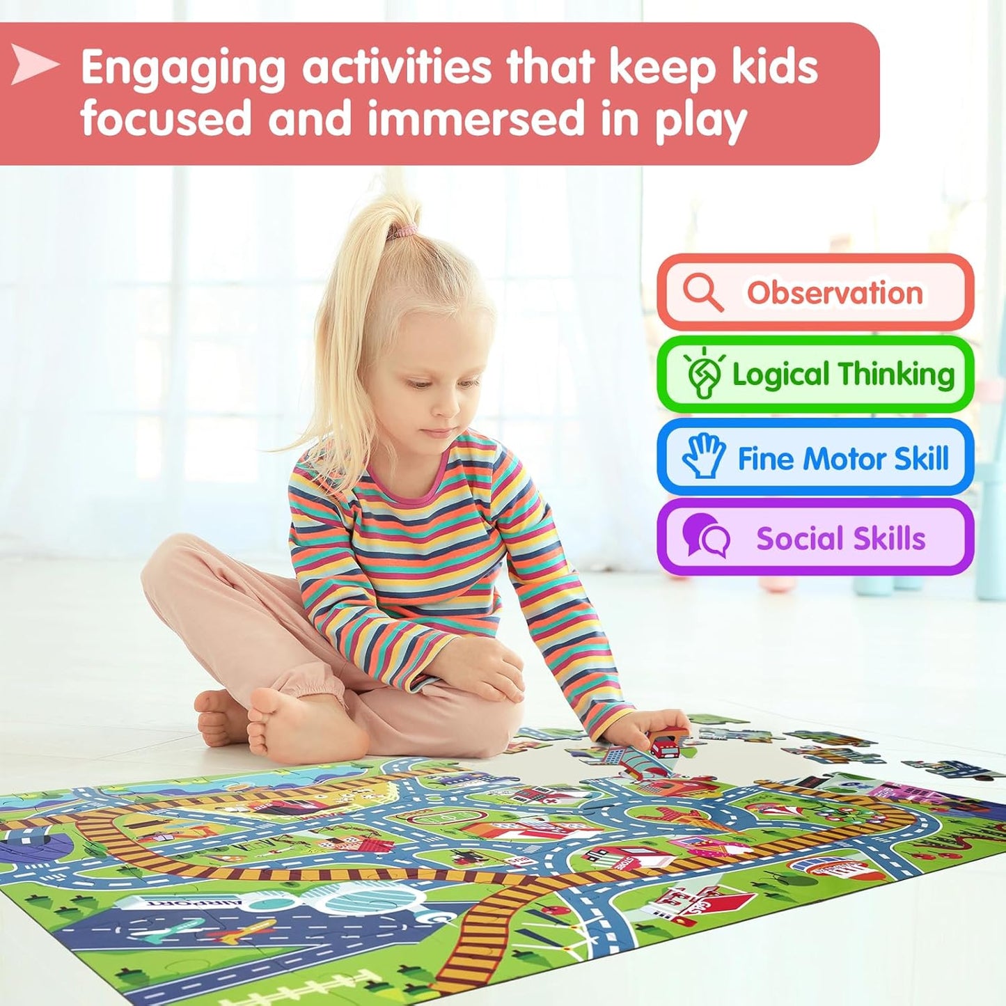 Jumbo Floor Puzzle for Kids Ages 3-5, Giant City Race Tracks Jigsaw Puzzles for Toddler 2-4 (60pcs 35.4x23.4 Inch Extra-Thick Cardboard), Educational Preschool Toy for 4-6 Year Old