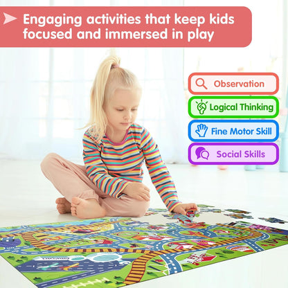 Jumbo Floor Puzzle for Kids Ages 3-5, Giant City Race Tracks Jigsaw Puzzles for Toddler 2-4 (60pcs 35.4x23.4 Inch Extra-Thick Cardboard), Educational Preschool Toy for 4-6 Year Old