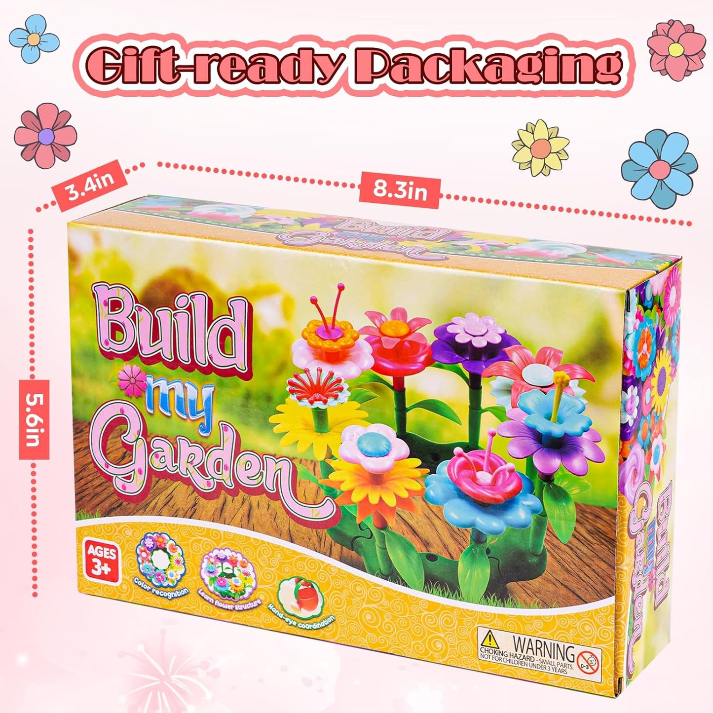 FUNZBO Girl Flower Garden Building Toys Set - Birthday Gifts for Age 2 3 4 5 6 Years Old Girls, STEM Montessori Educational Toy for Toddler Kids, Sorting & Stacking Spring Gardening Set