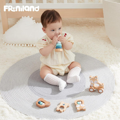 FReniland Wooden Montessori Baby Toys Set, 5-Piece Newborn Gift Set with Koala Rattle, Fox Stacking Rings & Push-Pull Toy for Boys and Girls