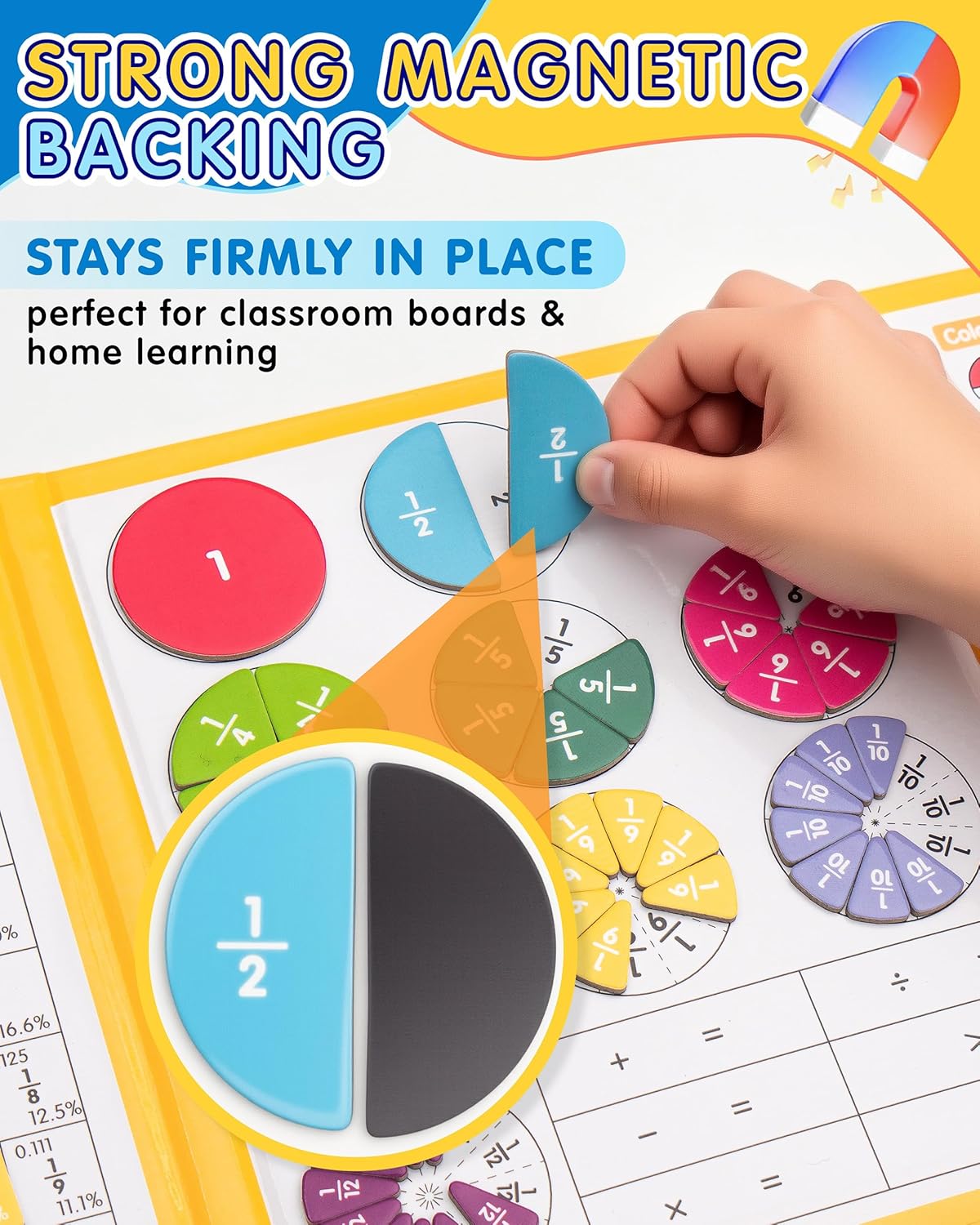 Magnetic Fraction Demonstration Book, Fraction Manipulatives with Magnetic Fraction Tiles & Circles, Montessori Magnetic Fraction Playbook for Hands-On Elementary Math Learning Toys
