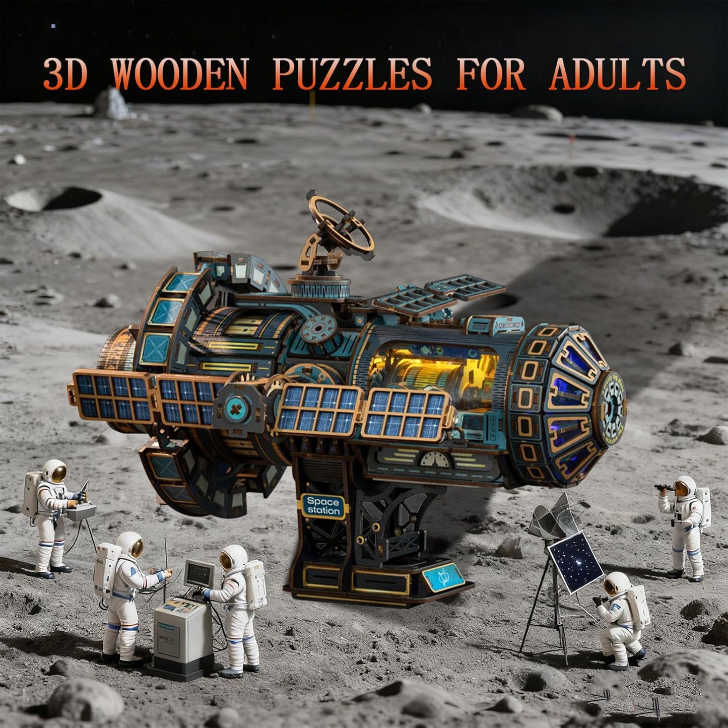 3D Wooden Puzzles for Adults - Space Station Mechanical Model Kit with Lights & Music, 511PCS Adult Wooden Puzzles, DIY Building Toy for Teen & Adults, Miniature House Kit for Birthday Father's Day