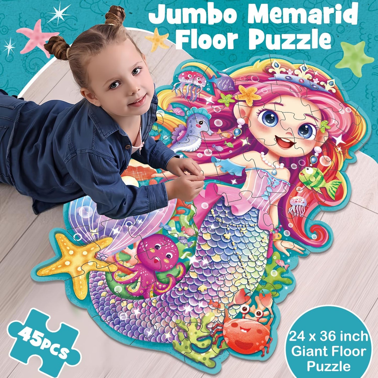 Mermaid Gifts for Girls, 45PCS Jumbo Memarid Floor Puzzle for Kids Age 3-5 Toddler Floor Puzzle Educational Learing Toys for Kids