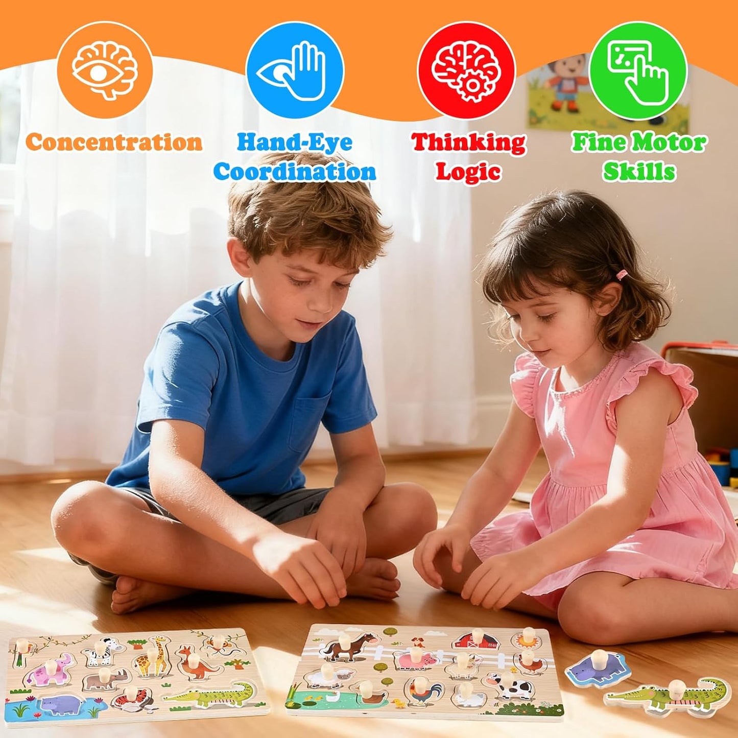 Wooden Peg Puzzles for Toddlers 1-3, 2 Pcs Montessori Puzzles, Animal & Sea Themes Puzzles, Great Preschool Educational Learning Gifts for Girls and Boys
