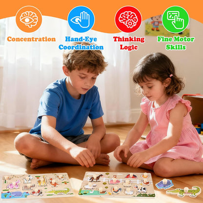 Wooden Peg Puzzles for Toddlers 1-3, 2 Pcs Montessori Puzzles, Animal & Sea Themes Puzzles, Great Preschool Educational Learning Gifts for Girls and Boys