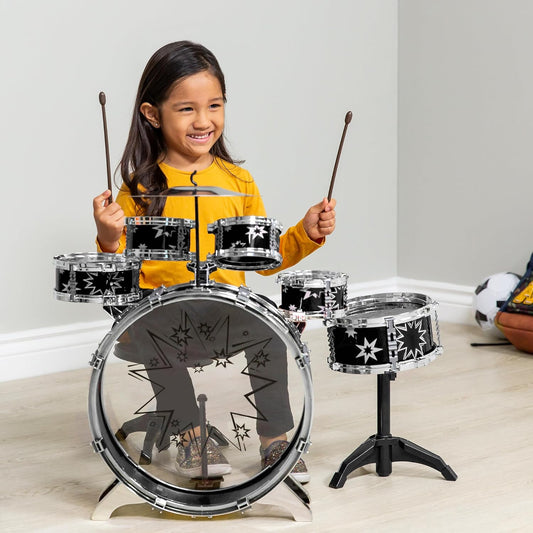 Best Choice Products 11-Piece Kids Beginner Drum Kit, Musical Instrument Toy Drum Set for Music Practice w/Bass, Toms, Snare, Cymbal, Stool, Stand Drumsticks - Black