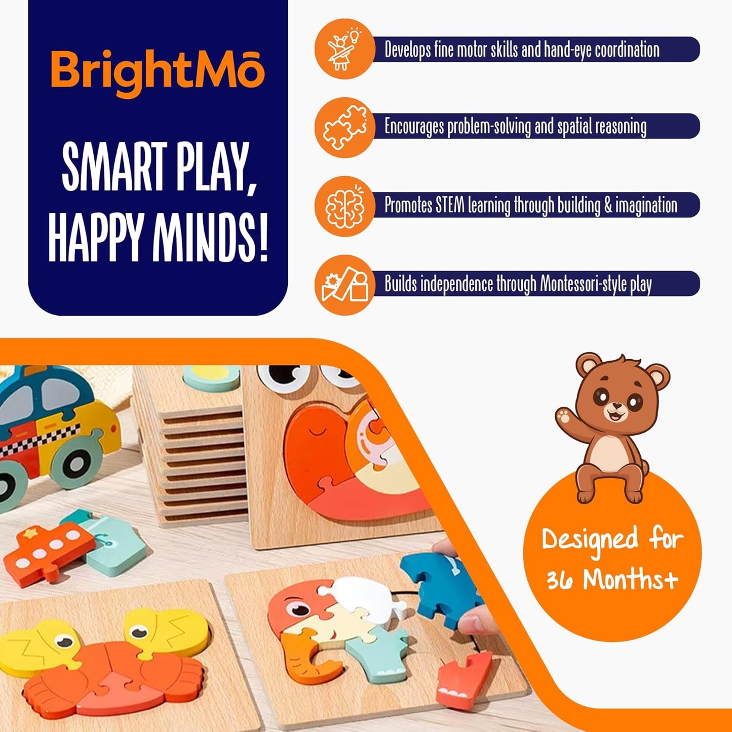 Montessori Wooden 3D Puzzle Set – Educational Wooden Toys for Toddlers (Themes: Ocean, Animals, Transport, Farm & Garden) (Animals)