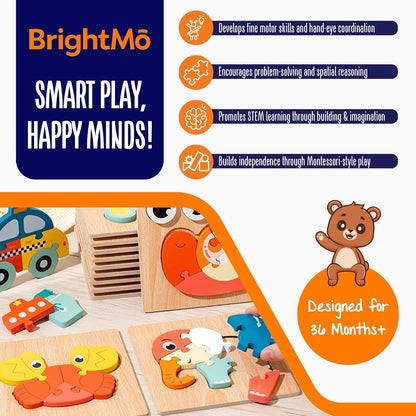 Montessori Wooden 3D Puzzle Set – Educational Wooden Toys for Toddlers (Themes: Ocean, Animals, Transport, Farm & Garden) (Animals)