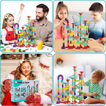 Marble Run Construction Set, STEM Learning Building Toy, 113 Pieces, Colorful Plastic Track with Spiral Ladder, Rotating Funnel, Ages 3-8