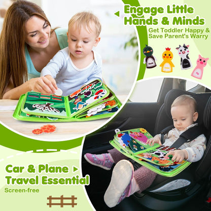 Busy Board for Toddler, Montessori Toys Farm Animals Busy Book for 2-4 Year Old Boy Girl, Quiet Activity Books Gift for Kid, Felt Busy Learning Toy for Toddlers, Car Airplane Travel Toys