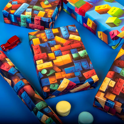 Dtiafu Reversible Building Blocks Wrapping paper Roll for Kids Boys Girls - Boys Birthday Bricks Design Gift Wrap Sheets for Baby Shower Party Craft Supplies(Total 28.5sq.ft)