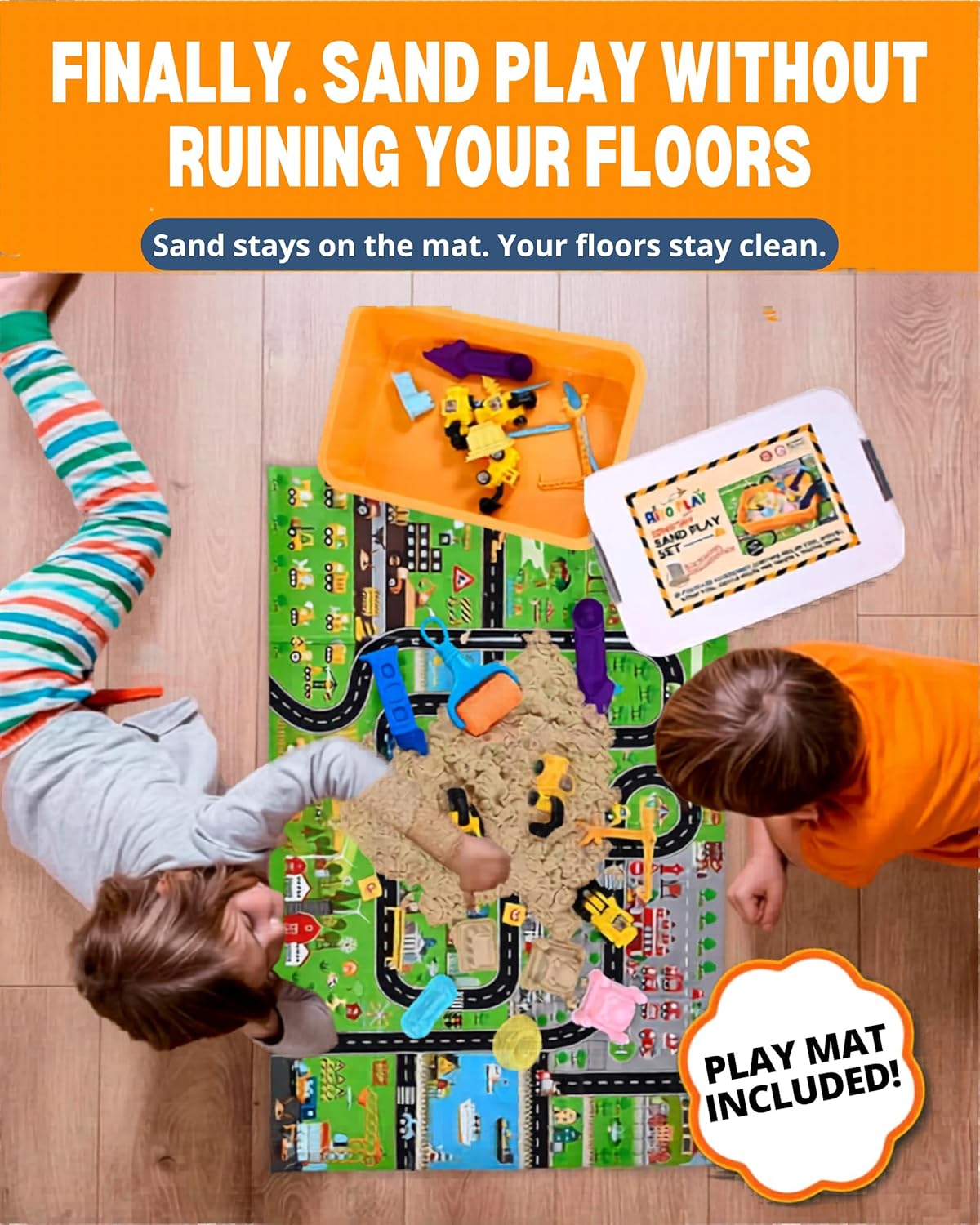 Construction Sensory Bin for Toddlers with 2-in-1 Play Mat & 2.8lbs Moldable Sand, Kids Sensory Bin with Lid & Handle, Toddler Sensory Kit Boys & Girls, Learning Activity, Gift Ages 3+